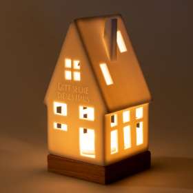 Lichthaus »Haussegen«. Porzellan mit Holzsockel