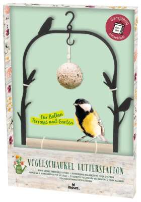 Vogelschaukel-Futterstation. Holzstange mit Metallrahmen
